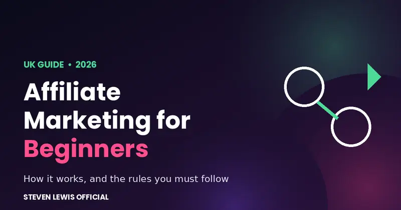 Affiliate marketing for beginners UK guide graphic with linked circles icon