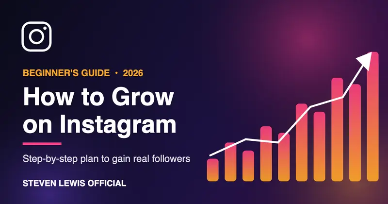How to grow on Instagram beginner's guide graphic with rising growth bars and arrow