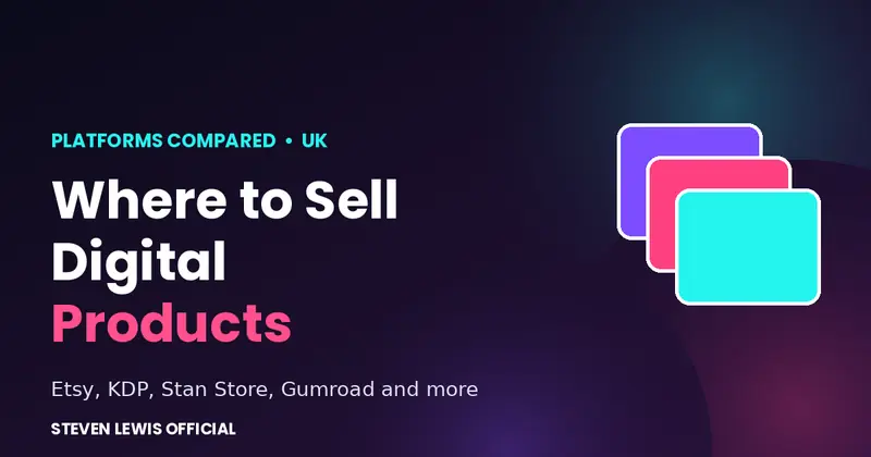 Where to sell digital products platform comparison guide graphic with stacked store cards